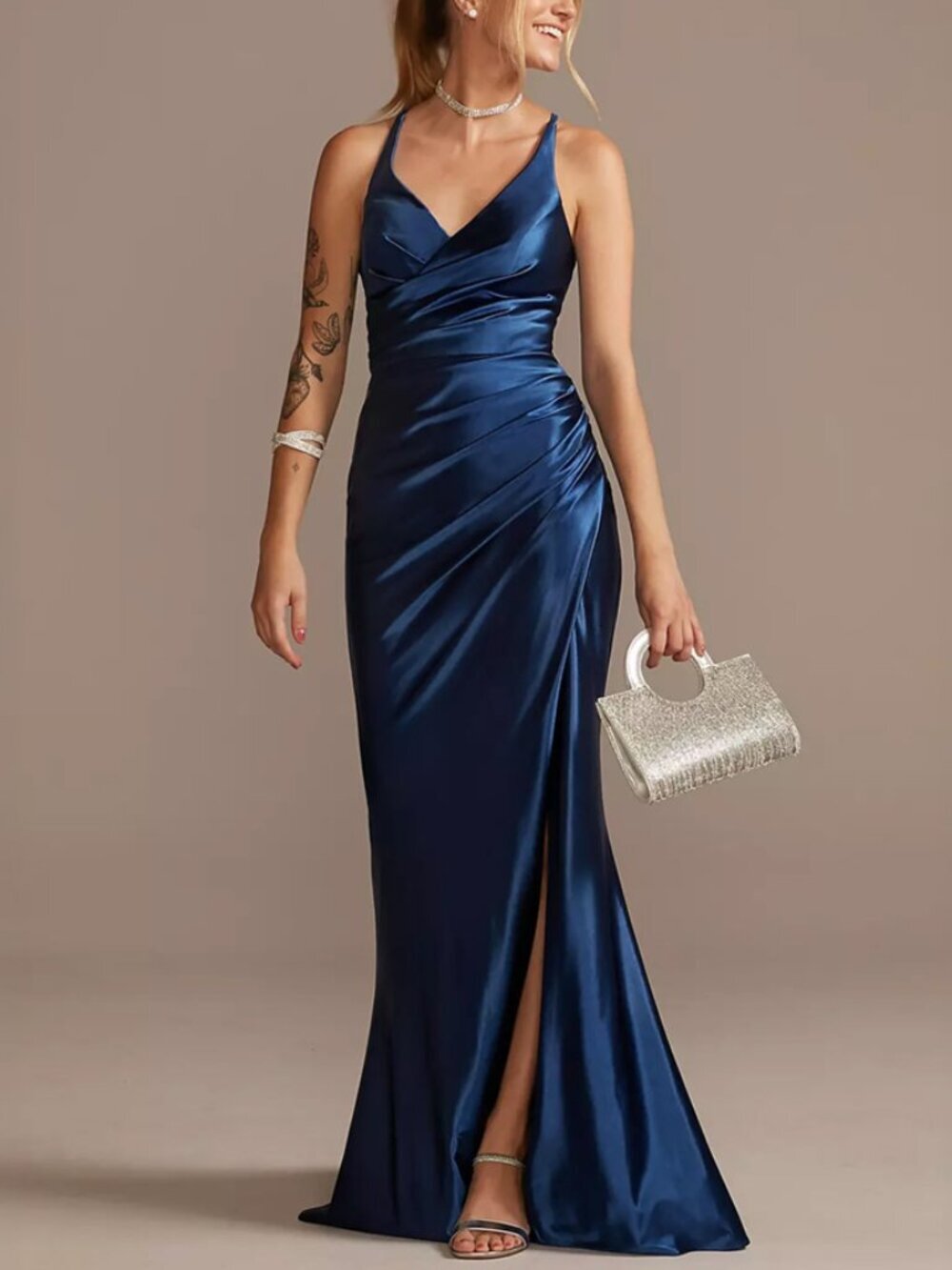 Jules & Cleo Royal Blue Ruched V-Neck Stretch Satin Gown Size 8